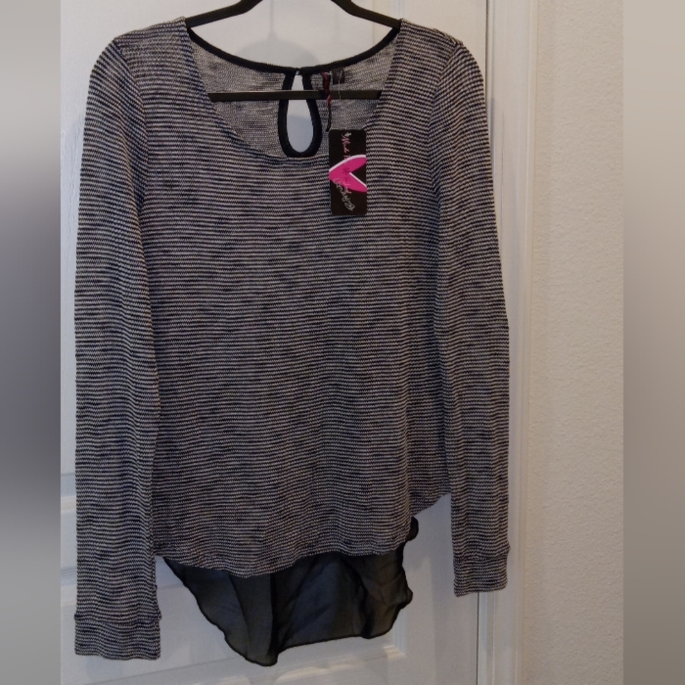 Women's Black & White Striped Long Sleeve Top with Sheer Back
